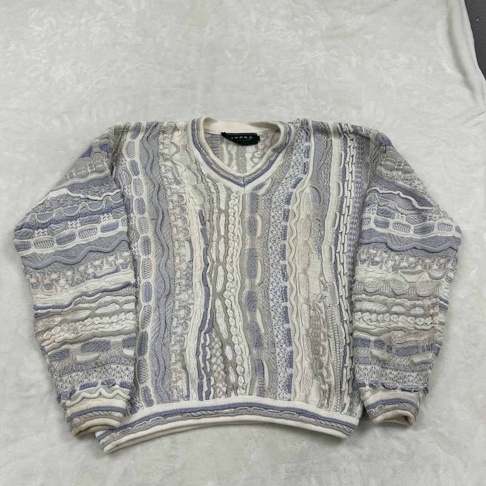 tundra 3D Knit Sweater Mens Small Blue Grey V-Neck Textured Coogi Style Vintage